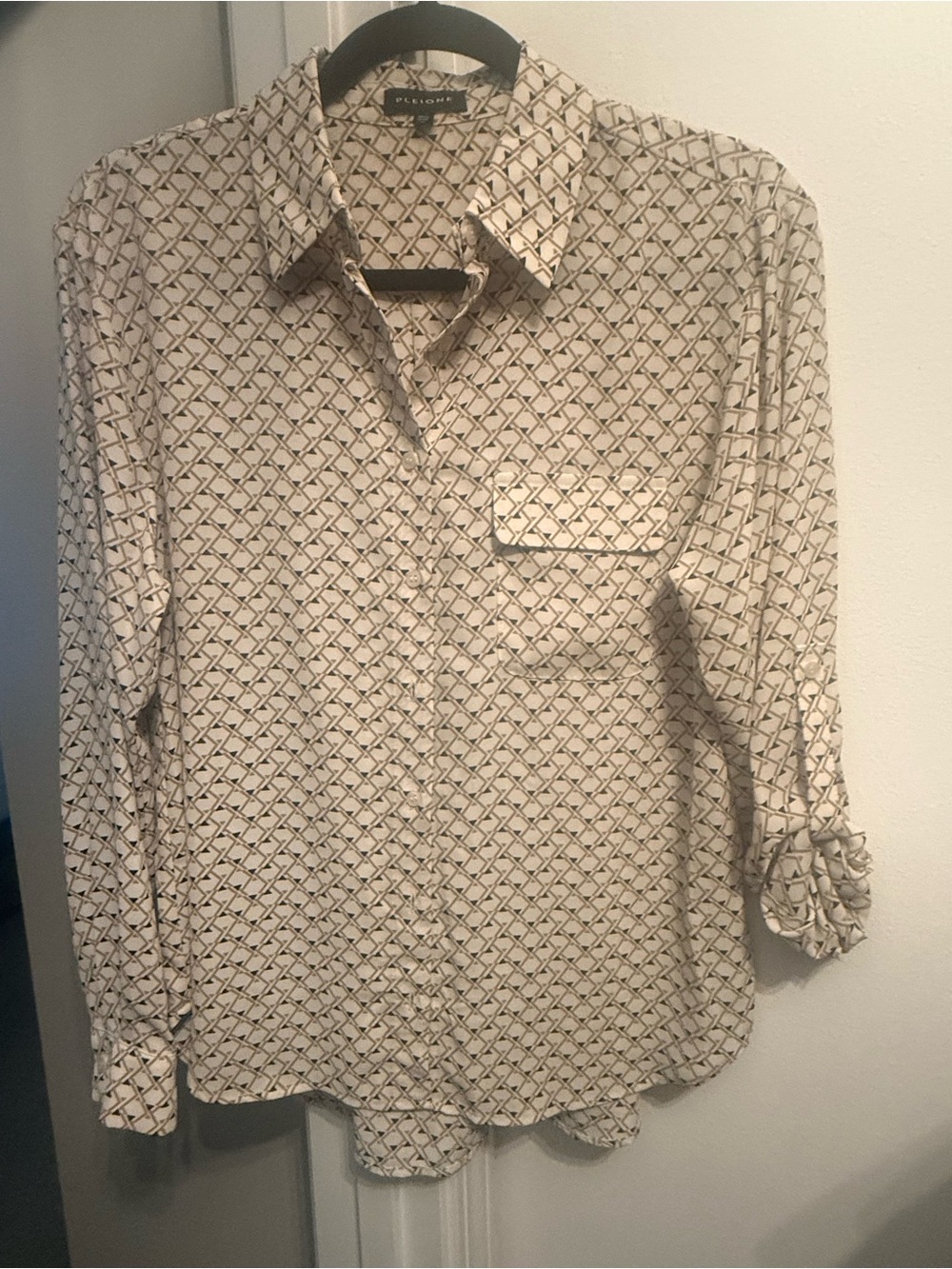 Pleione Cream and Black Geometric Button-Up Shirt